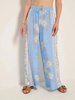 Seas 78&Sunny Zuma Smocked French Blue Floral Paisley Flowy Wide Leg Pants NWT